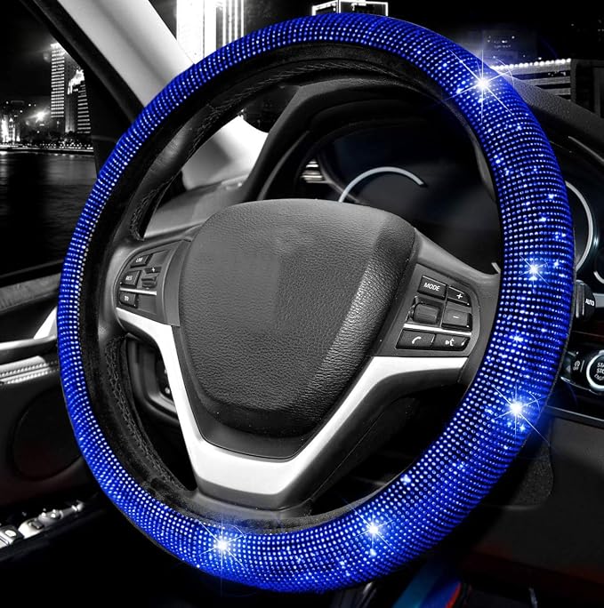 Steering Wheel Cover for Women Men Bling Bling Crystal Diamond Sparkling Car SUV Wheel Protector Universal Fit 15 Inch (Black with Blue Diamond,Standard Size(14" 1/2-15" 1/4))