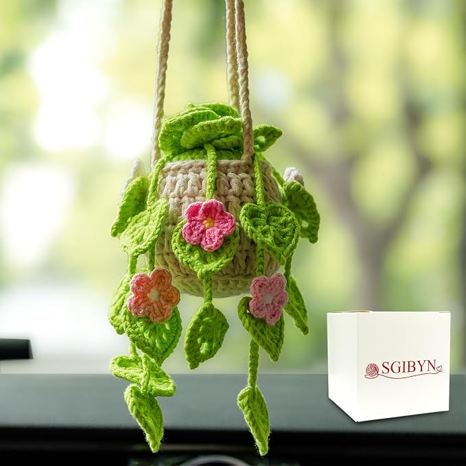 Crochet Hanging Plant for Car,Car Decorations Interior,Plant Strawberry Aesthetic Car Accessories for Women Interior Cute,Car Ornaments Charms for Rear View Mirror, Home decor