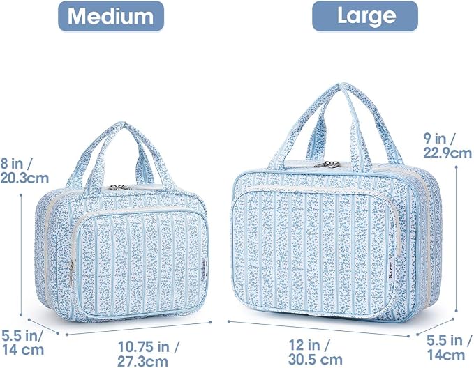 Travel Toiletry Bag for Women Large Hanging Makeup Bag Organizer Toiletries Bag for Full Size Essentials Accessories Cosmetics (Blue Flower Buds (Large))
