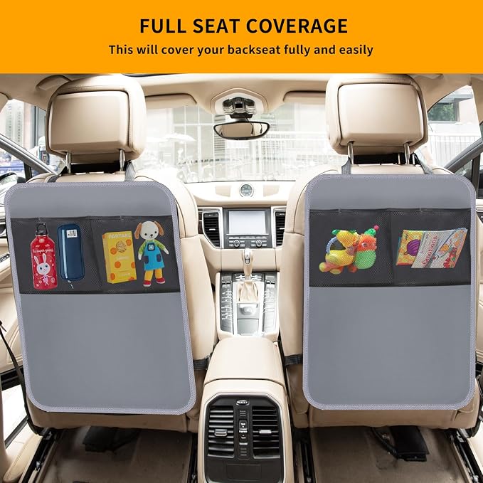 2 Pack Kick Mat Backseat Protector,Back Seat Cover for Kids,Car Seat Back Protectors with 2 Pocket Storage Organizer for Car, SUV, Minivan or Truck Seats (Grey)