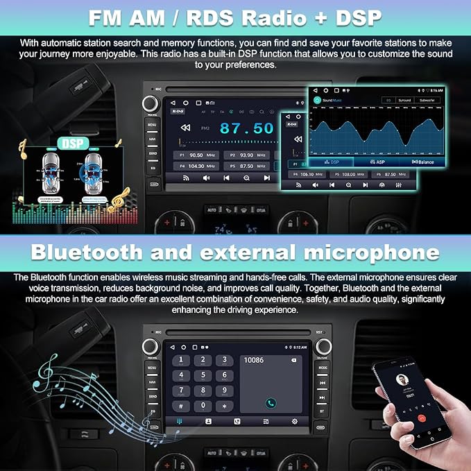 Car Radio for Chevrolet Chevy Silverado GMC Sierra Yukon 2007-2013 Android 13 GPS Navigation 2GB+32GB with 7 inch Touch Screen CarPlay Android Auto Bluetooth SWC