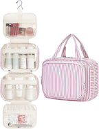 Striped Hanging Toiletry Bag for Women Travel Makeup Bag Organizer Toiletries Bag for Travel Size Essentials Accessories Cosmetics (Dusty Pink Stripe (Medium))