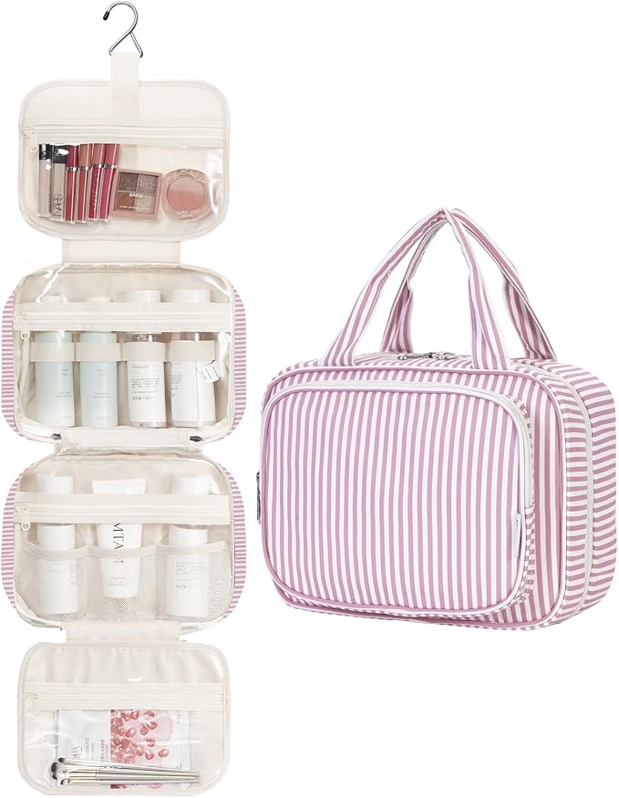 Striped Hanging Toiletry Bag for Women Travel Makeup Bag Organizer Toiletries Bag for Travel Size Essentials Accessories Cosmetics (Dusty Pink Stripe (Medium))