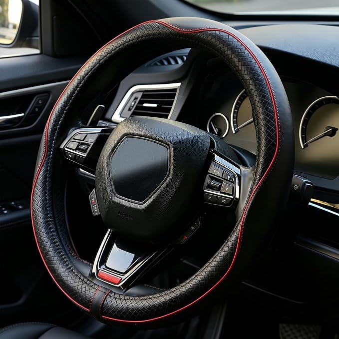 Microfiber Leather Steering Wheel Cover, Universal 14.5-15 Inch,Anti Slip,Heavy Duty, Thick,Soft,Breathable Car Interior Accessories for Men Women (Black with Red line)