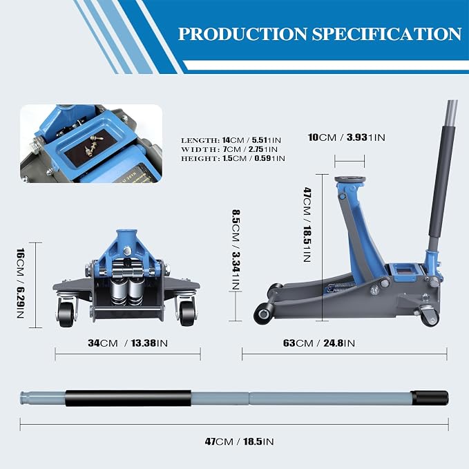3 Ton Low Profile Floor Jack - Heavy Duty Steel Hydraulic Car Jack with Dual-Piston Rapid Lift Pump, 3.34"-18.5" Lifting Range, Magnetic Parts Tray, Blue