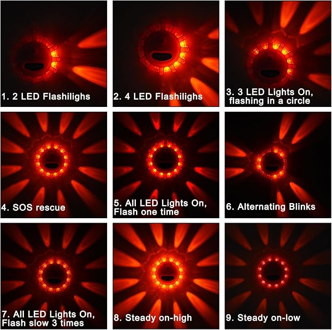 Meliya USB Rechargeable LED Road Flares Emergency Lights with Magnetic Base, 9 Strobe Options Roadside Emergency Warning Car Safety Beacon Flashing Disc Flare Kit for Vehicles & Boat