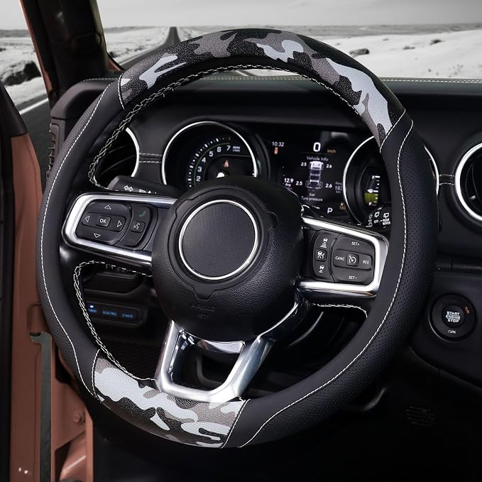 Army Camo Steering Wheel Cover, Universal 15 inch, Breathable PU Leather, Comfort Grip, Durable Steering Wheel Accessories for Car Truck SUV, Anti Slip, Black
