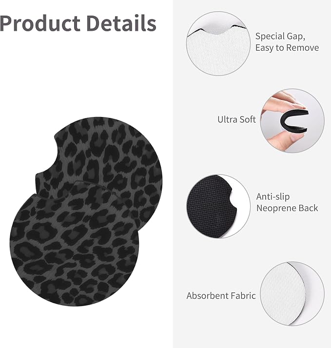 Black Leopard Print Steering Wheel Cover Cheetah Print 2 Car Cup Coasters | Anti-slip Universal Breathable 14 - 15-InFor Women Men Black Animal Steering Wheel Cover For Women