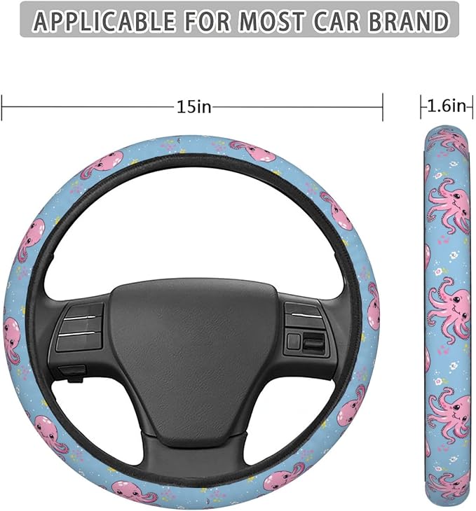 Cartoon Cute Octopus Steering Wheel Covers Anti-Slip Elasticity Car Accessories Steering Wheel Protector Universal 15 Inch for Cars SUV Vehicle Truck