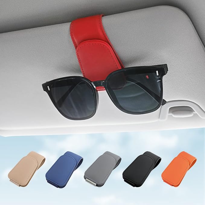 Sunglass Holder for Car Visor Sunglasses Clip Magnetic Leather Glasses Eyeglass Holder Truck Car Interior Accessories Universal for Woman Man -Red
