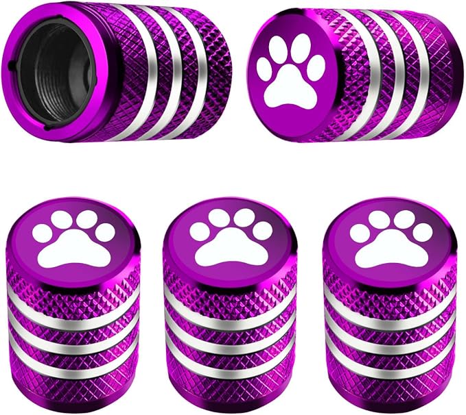 Tire Valve Stem Caps Cover - (5 Pack) Tire Air Caps Metal with Plastic Liner Corrosion Resistant Leak-Proof Dog Paw Print for Car Truck Motorcycle Bike Purple