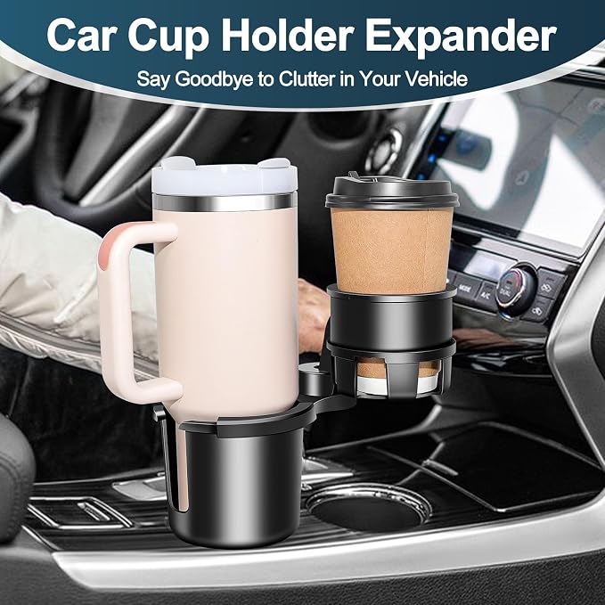 Car Cup Holder Expander, Cup Holder Expander, Cupholder Expander with Adjustable Extension Base and 360° Rotation Design, Fits Mugs, Cups, Large Water Bottles in 2.9"-3.8" (10-46oz), Black