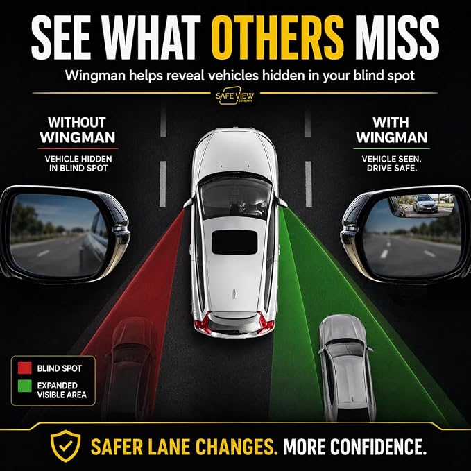 Safe View Wingman Blind Spot Mirrors – See More, Drive Safer – Real Convex Glass, Wide Angle Vision, Easy Peel & Stick, Durable Weatherproof Design