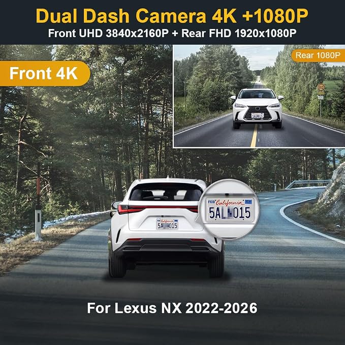 Front 4K+Rear 1080P Dash Cam Adapts for Lexus NX 2022-2026 & NX Hybrid 250 350 350h 450h, OEM Look, Dual HD Video, Built-in WiFi & APP, Loop Recording, G-Sensor, Easy to Set, 128GB Card