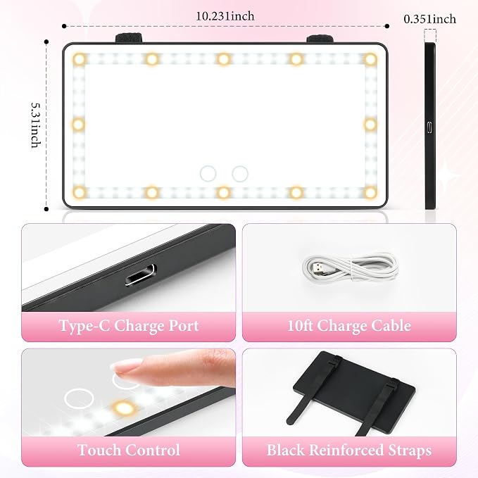 Car Sun Visor Vanity Mirror - Rechargeable Makeup Mirror with 60 LEDs, 3 Light Modes & Dimmable Touch Control for Cars, Trucks, SUVs, Car Interior Accessories for Women (Black)