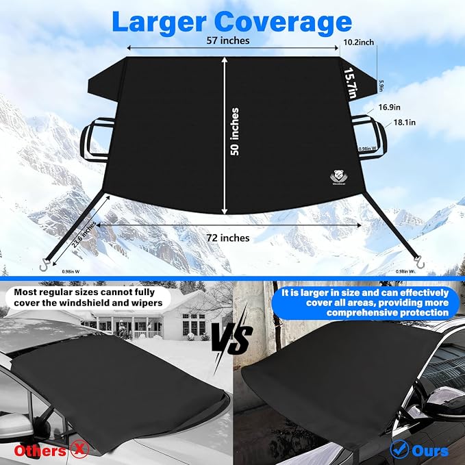 Windshield Cover for Ice and Snow,Heavy Duty 600D Oxford Fabric,Snow Windshield Cover for Car,Trucks, SUV,MPV,Van,Standard Winter Frost Hails Windshield Protector Blanket,X-Large,72/57Wx50D Inch