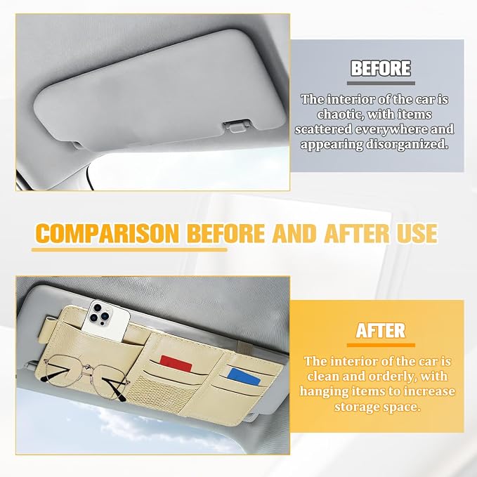 Car Sun Visor Organizer with Sunglasses Holder, Multi-Pocket Visor Storage Pouch Case for Ticket Card Phone Money, Auto Interior Sunvisor Organizer Bag, Universal for SUV Van Truck (Beige)