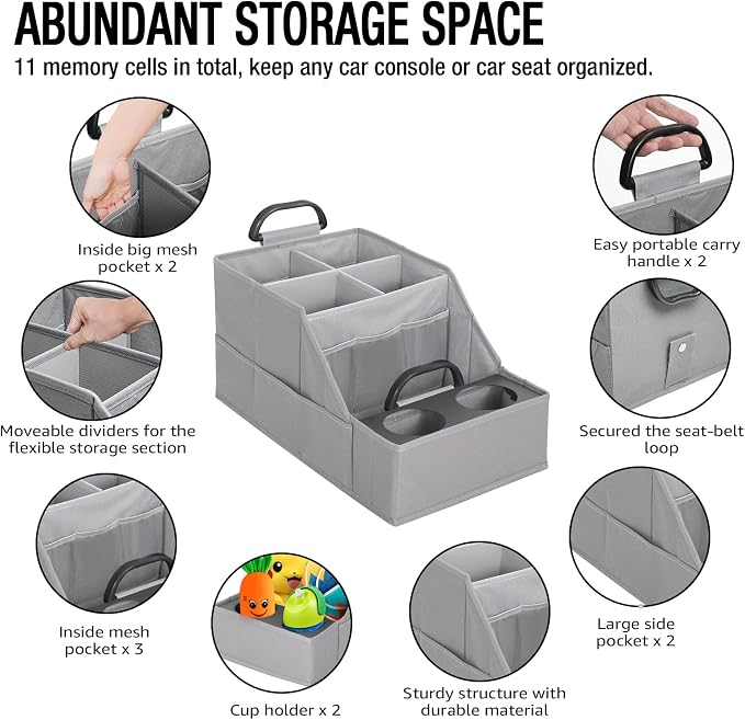 Car Seat Organizer- Backseat Car Organizer with 12 Storages Compartments and 2 Cup Holders, Organizers and Storage, Front Seat for Travel Kids,Pure Gray
