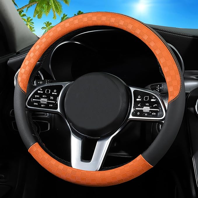 Car Leather Steering Wheel Cover - Panapi Material, Universal 14.5-15 Inch Leather Anti-Slip Breathable Auto Steering Wheel Covers for Men Women (Chessboard-Orange)