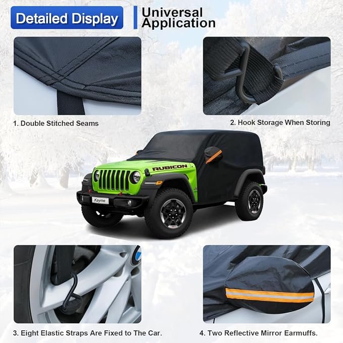 Half Car Cover Custom Fit for Jeep Wrangler 2 Door CJ YJ JK JL, Windshield Cover for Ice and Snow Top with Reflective Straps, Roof Cover Waterproof All Weather Dust, Sun Protection.