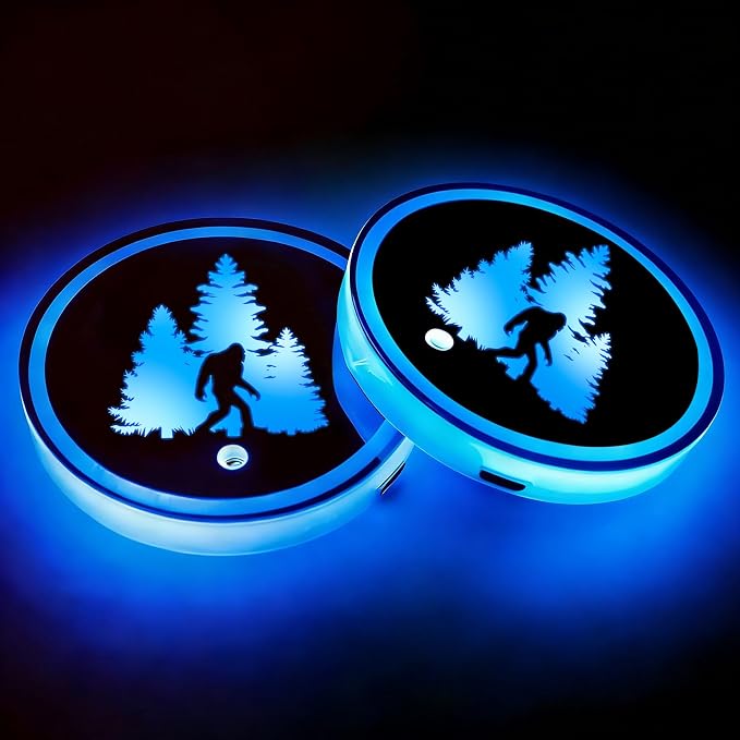 2Pcs Tree Sasquatch LED Car Cup Holder Coasters 7 Colors Lights Up Cups | with USB Charging of Car Accessories for SUV Trucks Sedans, Waterproof Interior Atmosphere Lamp, Savage Gifts for Women Men