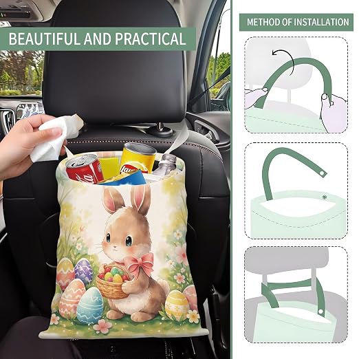 Cute Car Trash Can, Hanging Canvas Car Back Seat Organizer and Storage Bag, Funny Car Trash Bag for Travelling, Outdoor Cute Easter Bunny Pattern