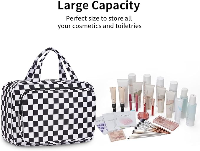 Travel Toiletry Bag for Women Large Hanging Makeup Bag Organizer Toiletries Bag for Full Size Essentials Accessories Cosmetics (Black Checkerboard (Large))