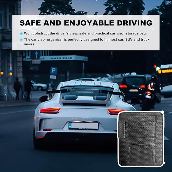 Small Leather Car Sun Visor Organizer, Multifunctional Auto Visor Document Holder with Sunglasses Clip, Universal Car Interior Organizer for Driving License, Card, Pen (Carbon Fiber Black)