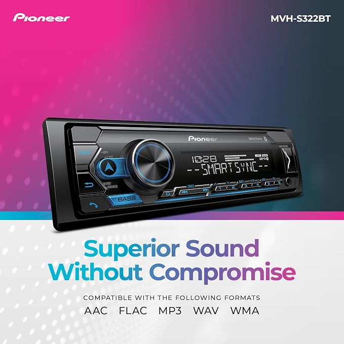MVH-S322BT 1-Din Digital Media Receiver – Bluetooth, USB, Color Change, FLAC, Voice Control, 50W x 4 Output, 13-Band EQ, AM/FM Radio, iPhone/Android Compatible, Front, Rear/SW Selectable RCA