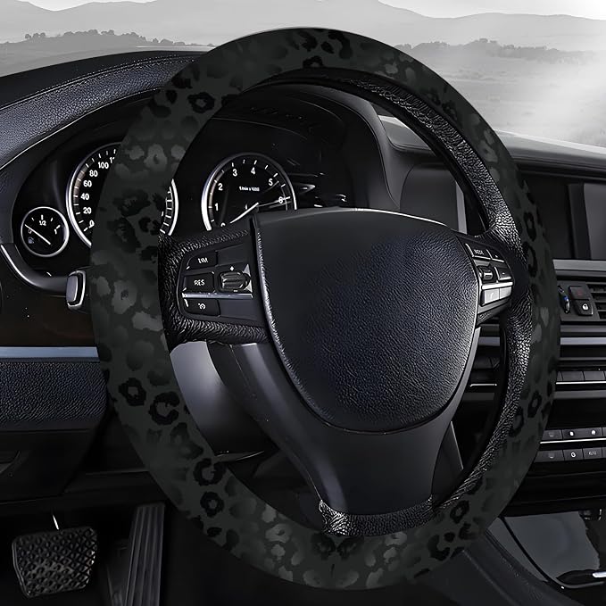 Steering Wheel Covers for Car, Truck, and SUV, Cute Non-Slip Breathable Elastic Steering Wheel, Car Accessories, Universal 15 Inch Leather Cover for Men Women Black Leopard Print