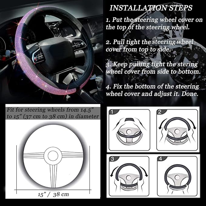 New Diamond Leather Steering Wheel Cover with Bling Bling Crystal Rhinestones, Universal Fit 15 Inch Car Wheel Protector for Women Girls Purple Diamond
