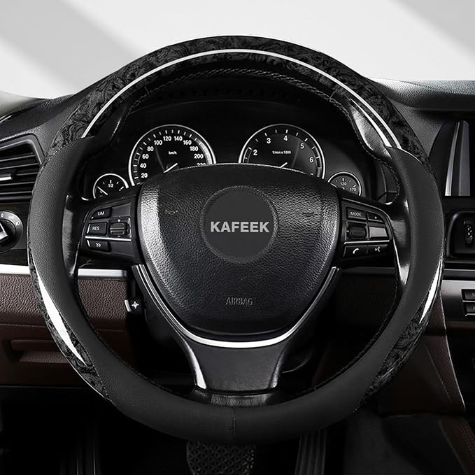 Wood Grain Steering Wheel Cover Microfiber Leather Universal 14 1/2-15 inch, Car Steering Wheel Cover Men Women, Comfortable, Anti-Slip, Odorless, Black
