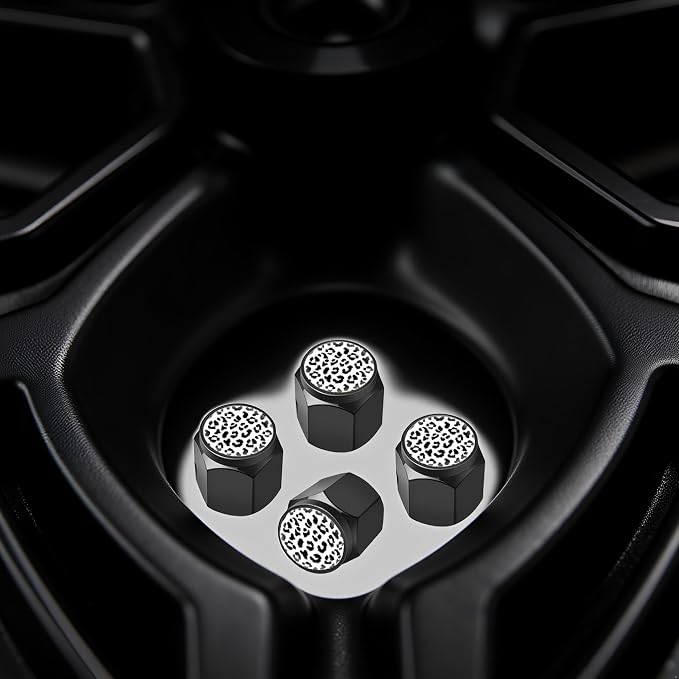 Tire Valve Stem Caps Cover,4 Pcs Metal Black Air Valve Cap, Aluminum Car Wheel Stem Caps,Universal Stem Covers for Cars,Trucks,Bikes,Bicycles, Motorcycles,Corrosion Resistant (White Leopard)