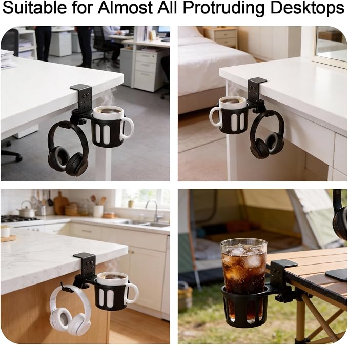 360° Rotating Cup Holder wiht Hook Under Desk Anti Spill Space Saving for Home Office Camping