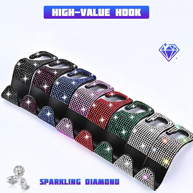 Bling Car Seat Headrest Hooks, 4PCS Crystal Rhinestone Vehicle Back Seat Hanger Holder for Handbags Purses Coats, Automotive Headrest Storage Organizer, Universal for RV SUV Truck (Purple)