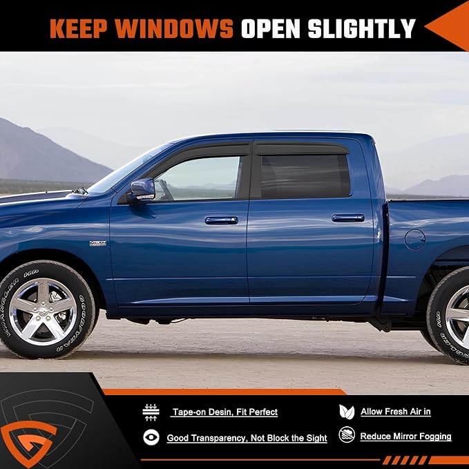 Rain Guards Fit for Dodge Ram 1500 Crew Cab 2009 2010 2011 2012 2013 2014 2015 2016 2017 2018, Tape-On Side Window Deflector Durable 2009-2018 Ram 1500 Crew Cab Rain Guard Black 4 PCS