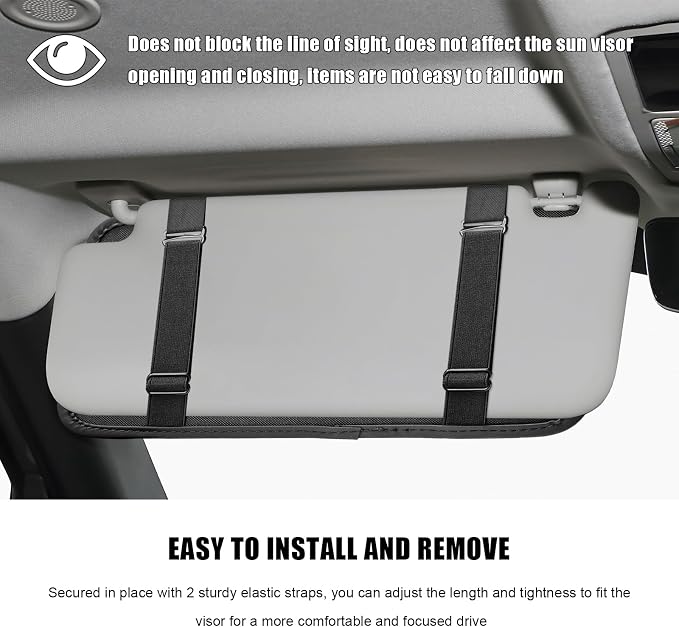 Car Sun Visor Organizer, PU Leather Multi-Pocket Visor Storage Pouch with Zipper, Auto Interior Document Holder Sunvisor Card Sleeve Pocket Organizer for Driving License Pen Key (Black)