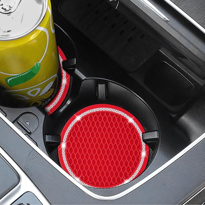 Car Coasters, 4 Pack Vehicle Bling Car Coaster, Universal Rhinestone Coaster for Cup Holders, Car Interior Accessories Silicone Car Coasters for Women(2.75'' Red, White Crystal Circle)