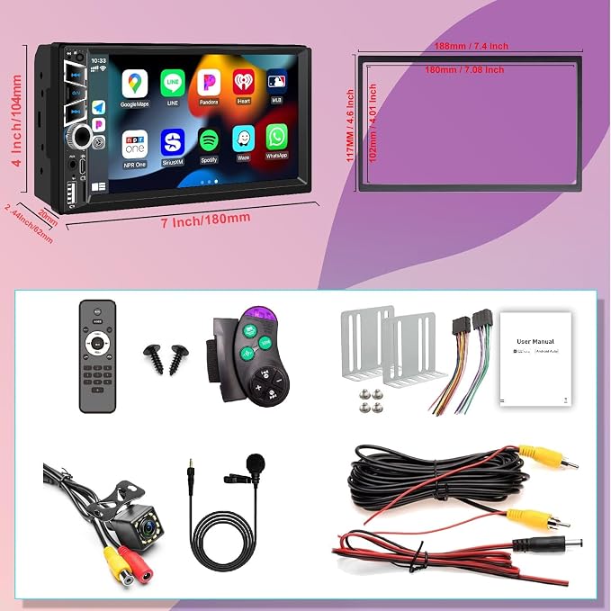 Wireless Apple Carplay 7 inch Double Din Car Stereo,IPS Touchscreen,Bluetooth 5.2,FM Car Radio,Bakcup Camera,Subwoofer Ports, Audio Receiver,Android Auto,Type-C/USB Fast Charging,GPS Navigation