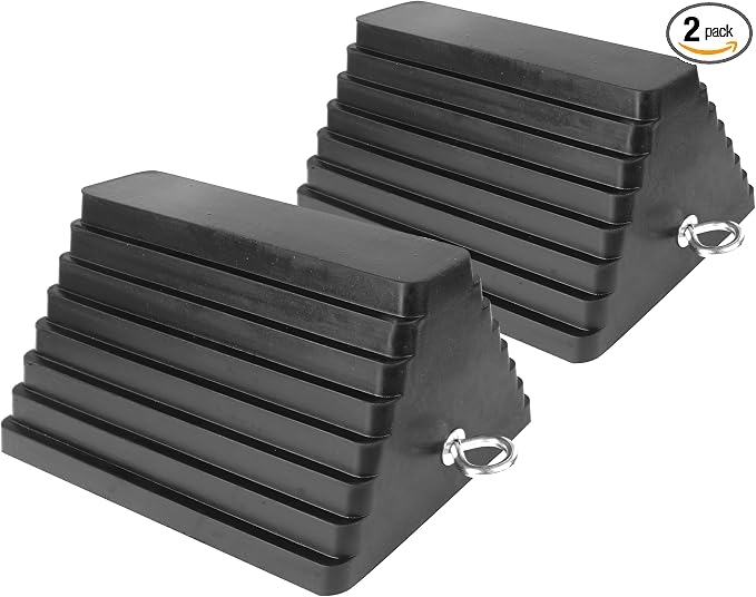 Rubber Wheel Chock 2 Pack, Large 10" x 8" x 6" Heavy Duty Tire Stop with Non Slip All Weather Grip, Oil Resistant Rubber Block with Steel Eyebolt for Vehicle and Trailer Safety (80681)