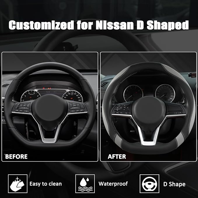 Flat Bottom Car Steering Wheel Cover for Nissan,D Shaped Steering Wheel Cover for Rogue,Altima,Kicks (Black+Gray-Standard Size)