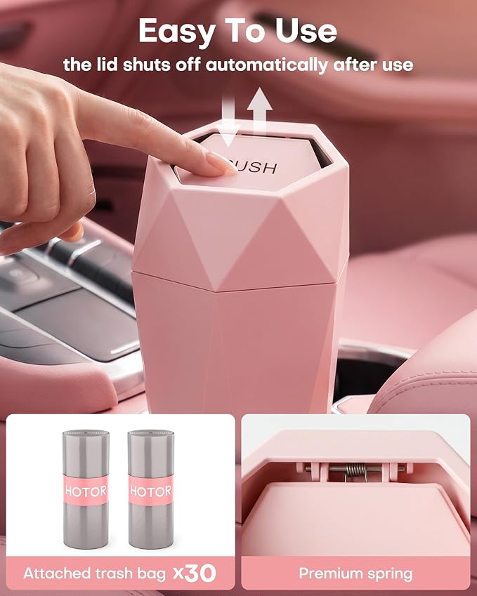 Car Trash Can with Lid - 1 Pack, Car Accessories for Interior, Leakproof Vehicle Garbage Can with 15 Attached Trash Bags, Multipurpose Organizers and Storage for Home, Office, Pink
