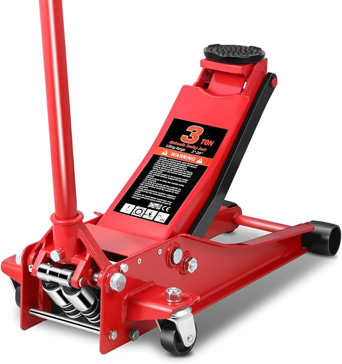 3 Ton Low Profile Floor Jack, Heavy Duty Steel Hydraulic Car Jack with Dual Pistons Quick Lift Pump, Hydraulic Racing Floor Jack, Lifting Range 3" to 20", Red