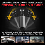 Ulti Charge iPhone Car Charger USB C Fast Charge Charging Retractable Car Charger Auto Adapter, Powerful 120W 4-Port USB-C & USB-A and Lightning iPhone, Samsung, Tablets USBC Charger Block
