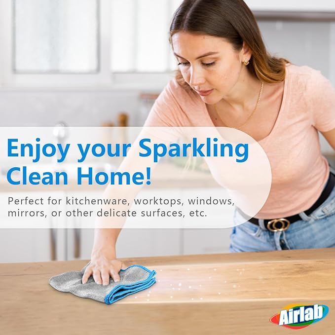 Airlab Glass Polishing Cloth Streak Free Miracle Cleaning Cloth Lint Free Microfiber Cleaning Rags for Glasses Kitchen Dish Mirrors Easy Clean, Pack of 6, 12" x 12", Sliver-Blue