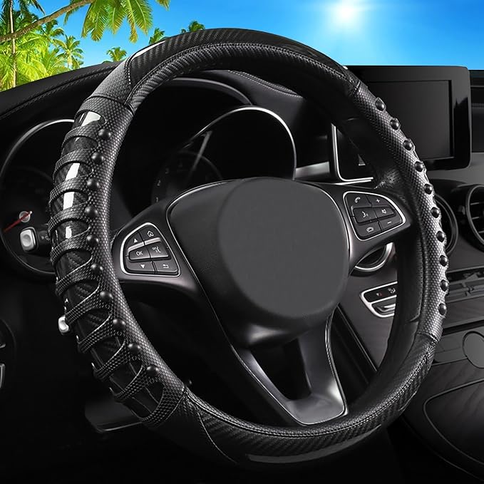 Car Leather Steering Wheel Cover - Carbon Fibre Material, Universal 14.5-15 Inch Leather Anti-Slip Breathable Auto Steering Wheel Covers for Men Women (3D Massage - Sports Black)