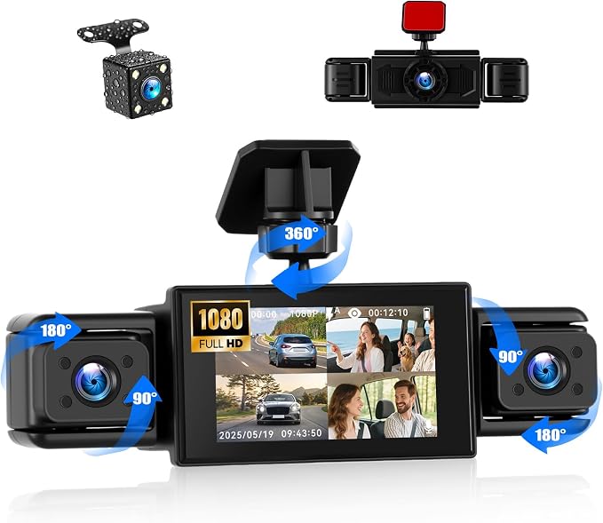 Dash Cam 3 Inch 1080P 4 Channel Dash Camera for Cars with Driving Loop Recording, Exposure Compensation, Motion Detection, Reverse Help, 360 Degree Protection