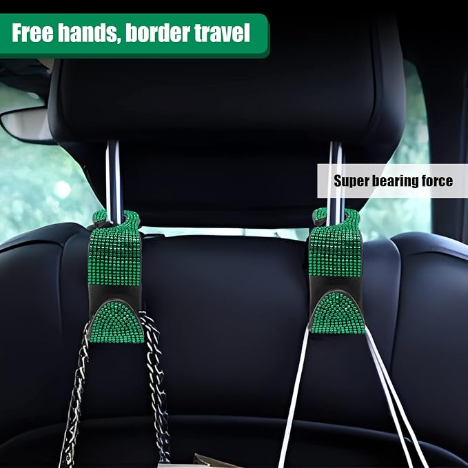 2PCS Car Seat Hooks, Bling Car Rhinestone Headrest Hooks, Universal Bling Car Interior Accessories, for Handbag, Clothes, Purse, Water Bottle (Green)