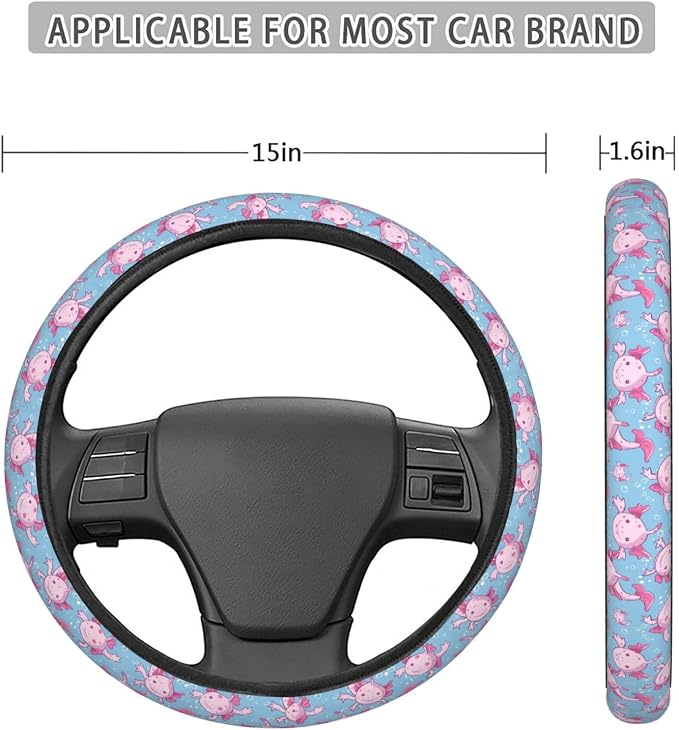 Cartoon Cute Axolotls Steering Wheel Covers Anti-Slip Elasticity Car Accessories Steering Wheel Protector Universal 15 Inch for Cars SUV Vehicle Truck