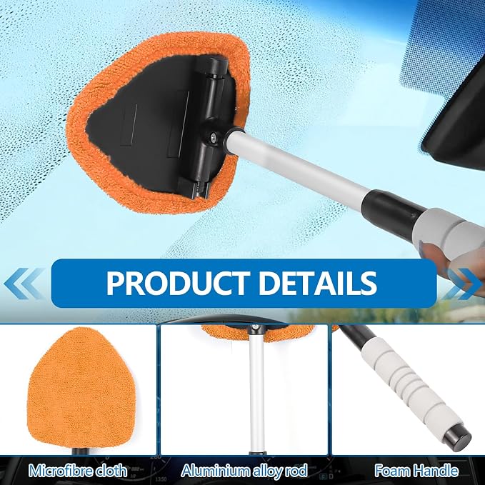Car Windshield Cleaning Tool, Car Windshield Window Cleaner, Auto Window Glass Cleaning Kit with Extendable Handle & Reusable Microfiber Pad & Spray Bottle, Universal Car Accessories (Orange)